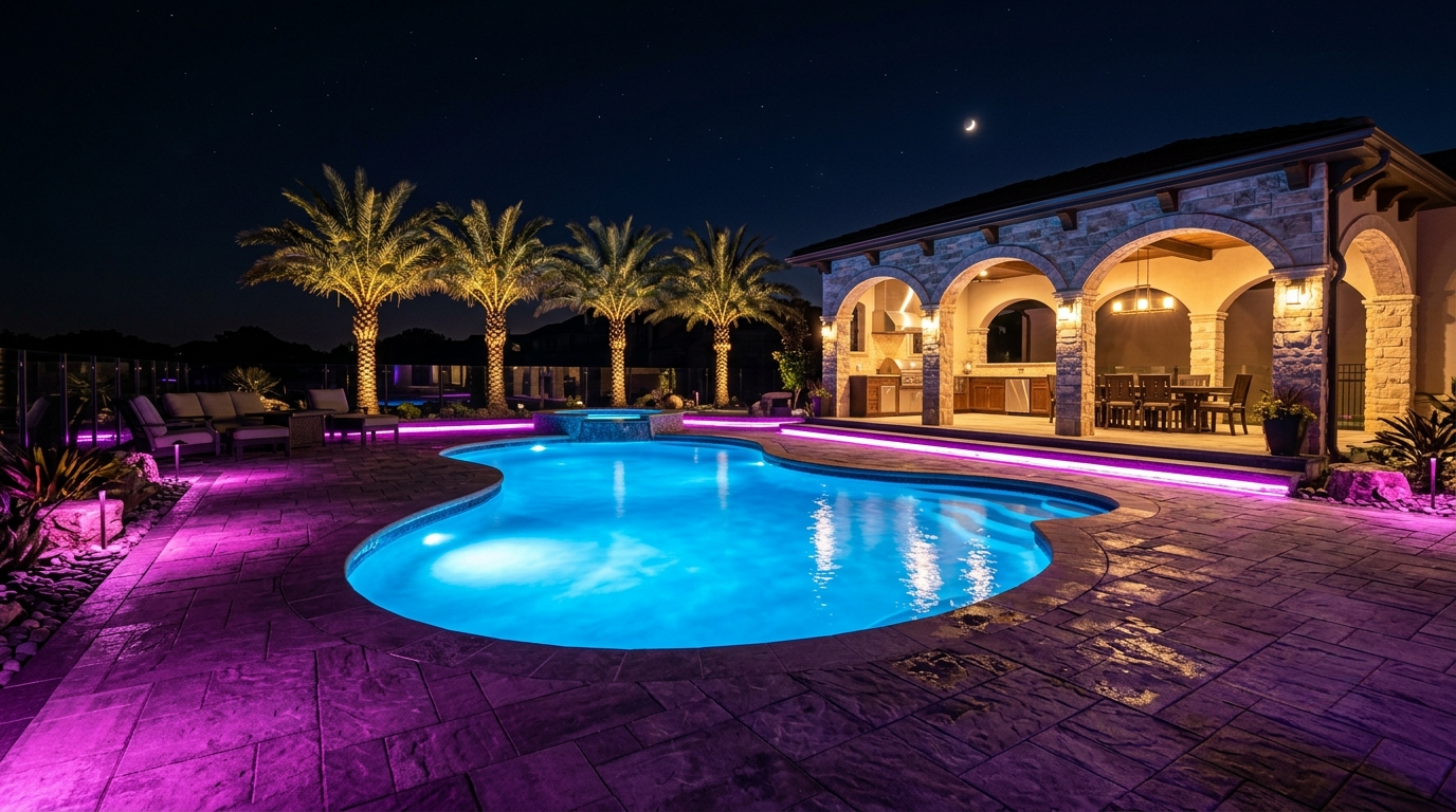 Piscina con iluminación subacuática LED Ultraledpool en tono púrpura